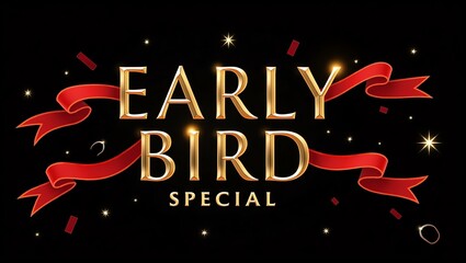 early bird special stands out in bold sleek font against a black background, framed by dynamic crossed red ribbons