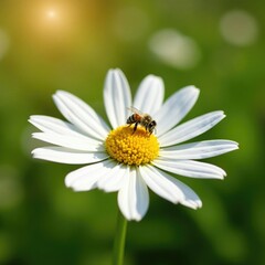 Fototapeta premium White echinacea flower with a tiny bee and pollen in the air around it, sunny meadow, wildflower, pollen
