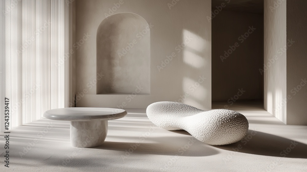 Poster modern minimalist interior design featuring unique sculpted bench and smooth round coffee table