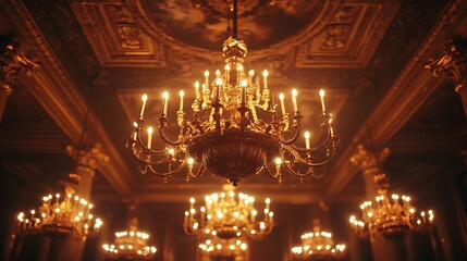 Obraz premium Elegant and Opulent Chandelier Adorned with Numerous Glimmering Lights Illuminating a Luxurious Room with Rich Decor and a Warm Ambiance Creating a Welcoming Atmosphere for Guests