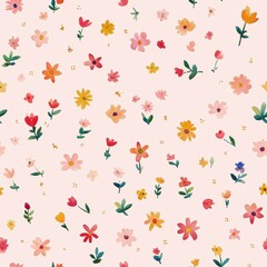 Whimsical watercolor doodle of colorful flowers on soft pink background perfect for cheerful decor or creative projects