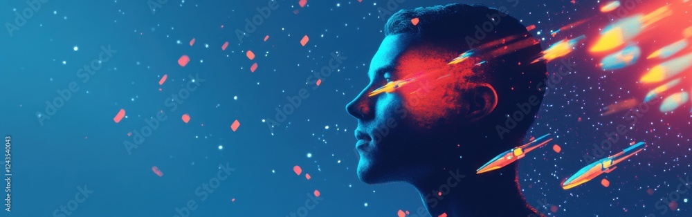 Poster Vibrant visualization capturing a man's profile with dynamic elements representing thought and imagination in a creative setting