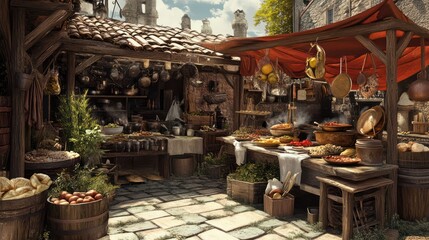 Obraz premium Medieval Market Stall: A Culinary Journey Through Time