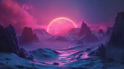 Fototapete alien landscape purple pink hues snow-capped mountains glowing moonlight fantasy illustration © pier