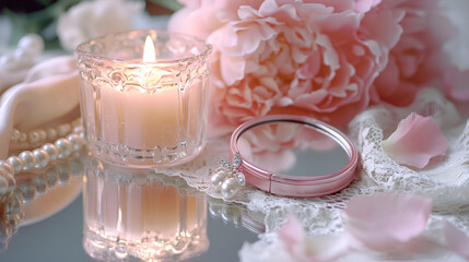 A tranquil scene of serenity with a lit candle, pearls, and delicate blossoms.