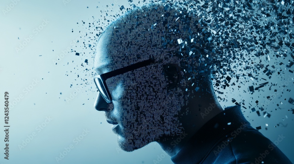 Aufkleber Programmer experiencing burnout and stress with head exploding into digital fragments, representing information overload, mental health challenges, and the struggle with technology in modern life