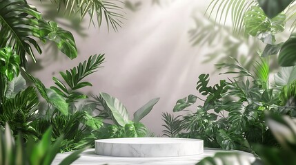 Marble pedestal surrounded by lush tropical foliage