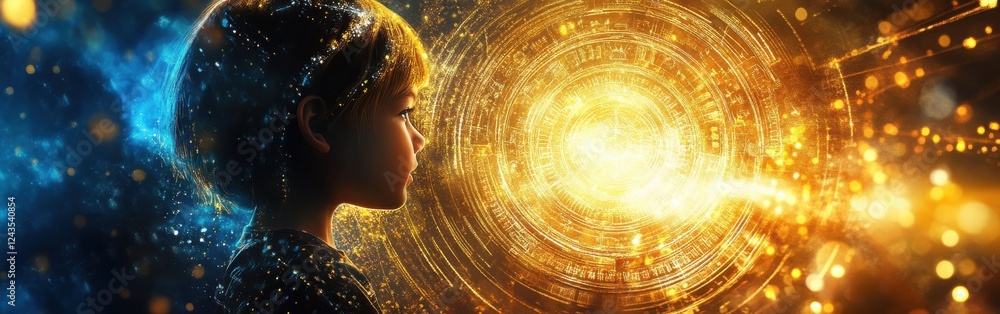 Aufkleber child experiences a captivating glow while gazing at a vibrant cosmic visualization during twilight 