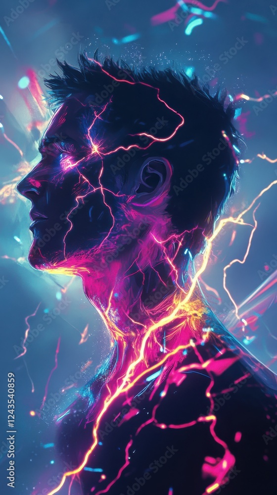 Poster Vibrant portrait of a man illuminated by colorful light in a dynamic abstract setting