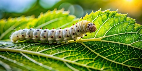 Obraz premium Macro Close-up of Silkworm on Mulberry Leaf - Detailed Insect Photography