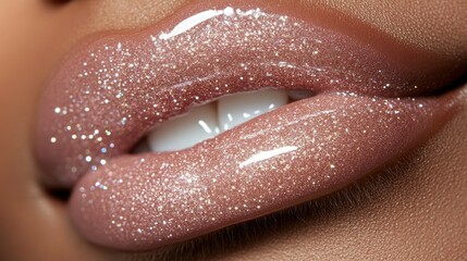Obraz premium Close-Up of Shiny Glossy Lips with Glitter and Soft Pink Hue