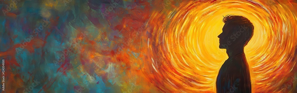Poster vibrant portrayal of a man's profile illuminated by a radiant glow against an abstract background of