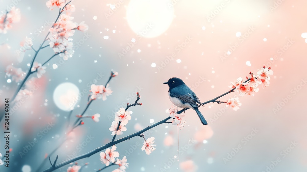 Aufkleber small bird with black head and blue body perched on a blooming cherry blossom branch in soft pastel 