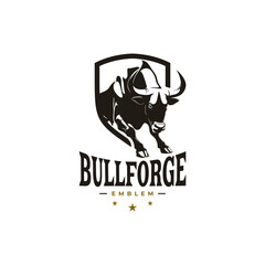 Aggressive bull logo - charging bull emblem, powerful black and white vector design