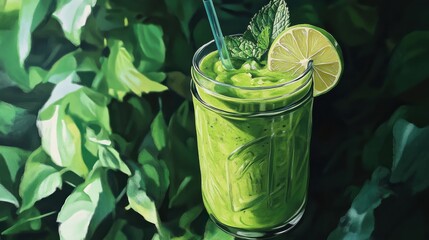 Vibrant green smoothie in a mason jar garnished with mint and lime beside lush green foliage