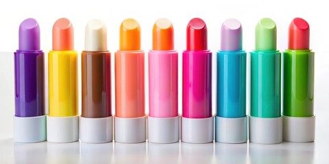 Fototapeta premium Brightly colored lip balm sticks in a colorful array on a white background , fun accessories, cosmetic products