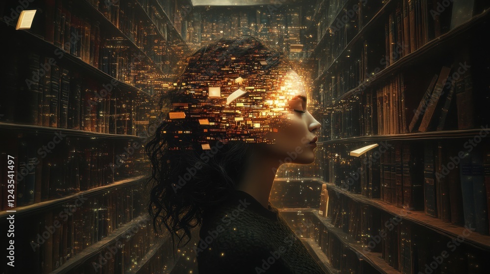 Aufkleber Surreal visualization of a glowing woman amidst an ethereal library filled with floating books and radiant light