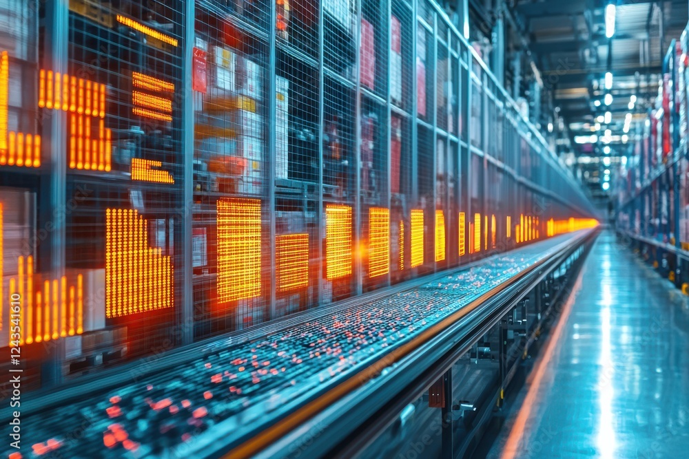 Poster automated warehouse with illuminated conveyor belts and storage racks, showcasing efficient logistic