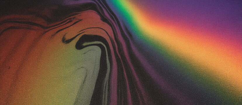 Iridescent Swirling Gradient Background with Black, Brown, Green, Purple, Grainy Abstract Texture Design