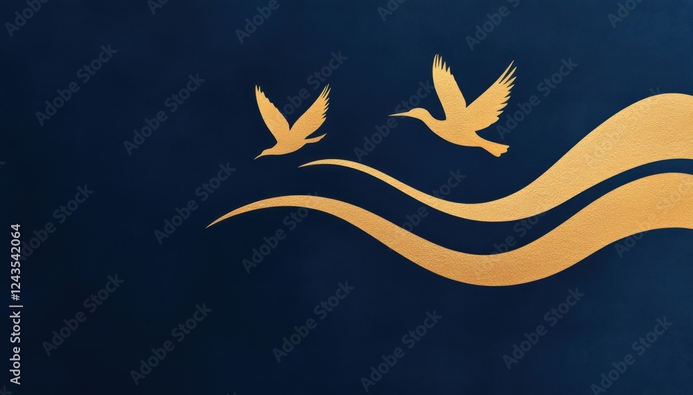 Aufkleber a serene image featuring two golden birds in flight over flowing waves on a deep blue background, cr