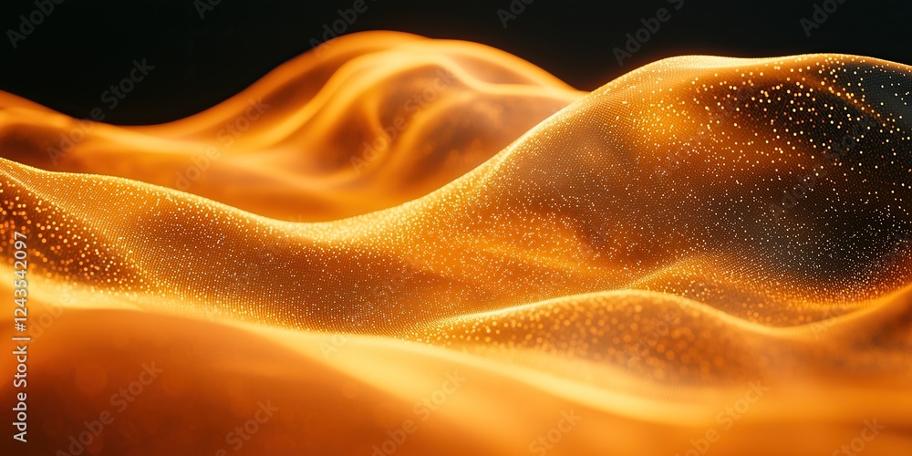 Poster golden shimmering landscape of undulating particles glowing softly against dark background