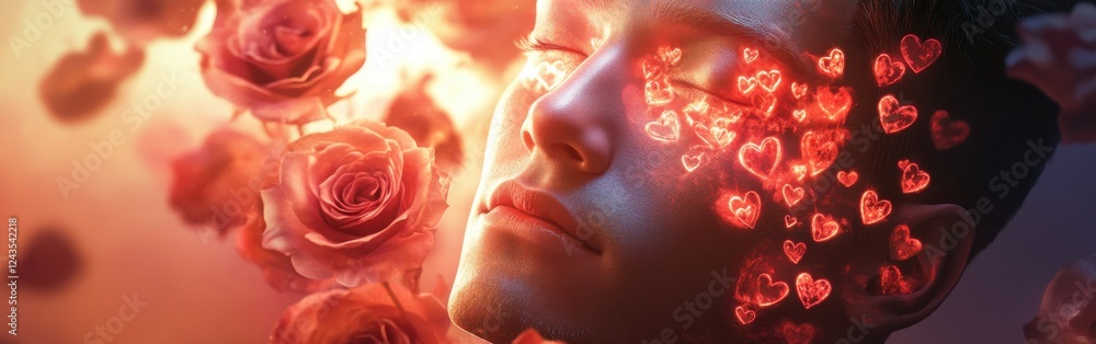 Poster Surreal portrait of a man's glowing face surrounded by hearts and roses at an ethereal setting evoking love and tranquility