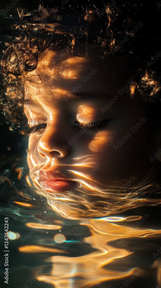 Poster surreal portrait of a glowing child underwater with reflections of light