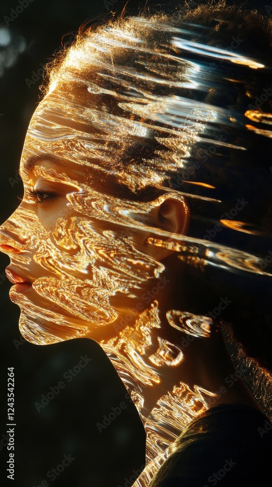 Fototapete surreal glowing representation of a woman surrounded by flowing light patterns in a mystical setting