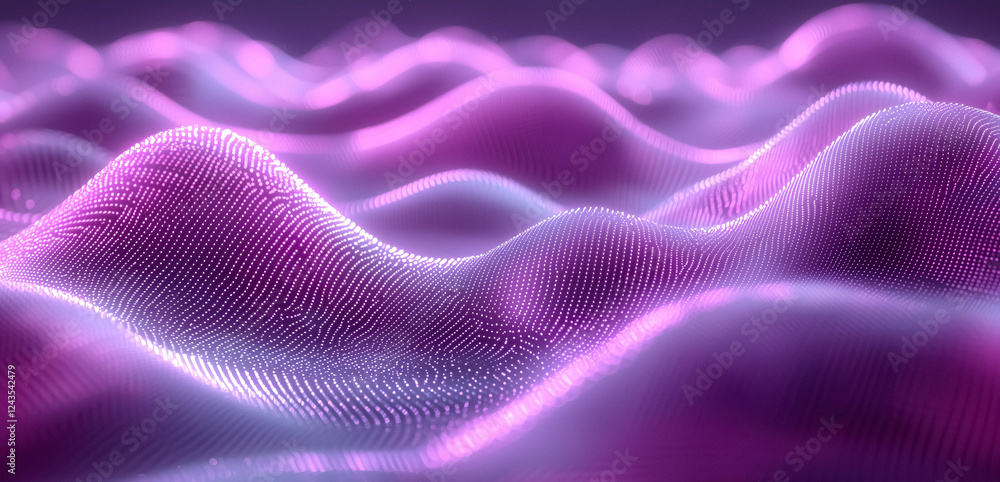 Poster abstract purple and pink waves of light mesmerizing digital landscape of undulating particles