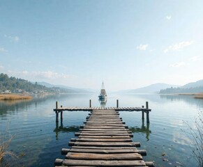 Fototapeta premium Wooden bridge crossing reservoir with boat in the distance, serene environment, reservoir, boat