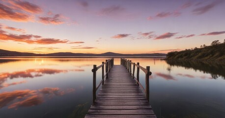 Fototapeta premium Wooden bridge over a shallow and calm Portuguese lake at sunset, peaceful, sunsets