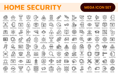 Home Security Icon Set. A comprehensive collection of icons focused on safety and protection, perfect for enhancing security apps, websites, and marketing materials aimed at home safety solutions.