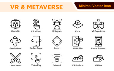 Virtual Reality and Metaverse Icon Set. A cutting-edge collection of icons designed to enhance immersive experiences, perfect for VR apps, gaming platforms, and digital worlds.