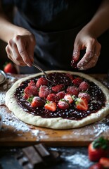 Making a unique dessert pizza with jam, chocolate, and strawberries on dough