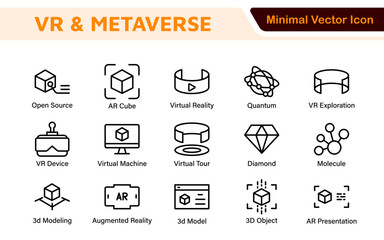 Virtual Reality and Metaverse Icon Set. A cutting-edge collection of icons designed to enhance immersive experiences, perfect for VR apps, gaming platforms, and digital worlds.