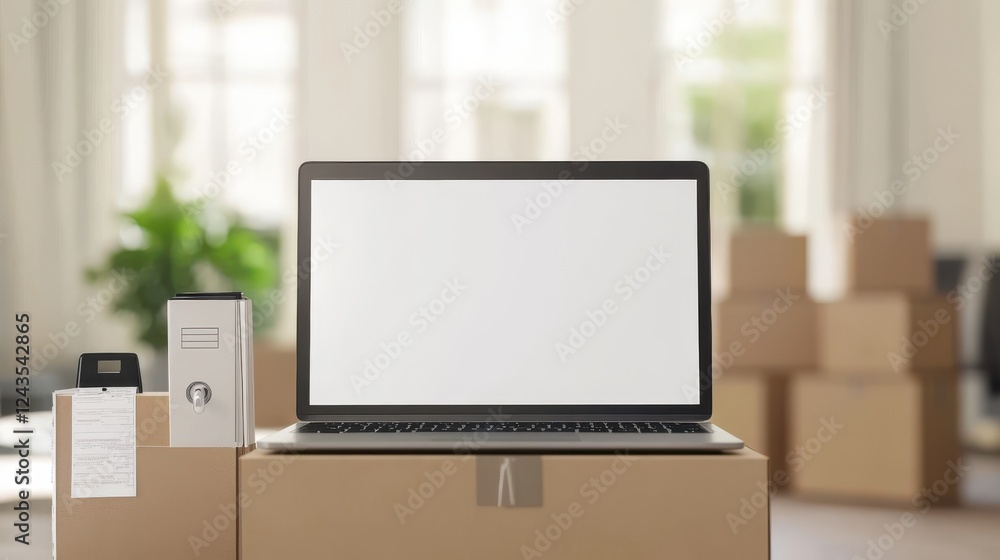 Poster sleek laptop on cardboard box with blank screen in modern workspace setting