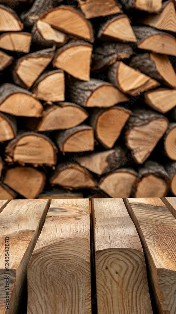 Poster a wooden table rests in the foreground while stacks of cut logs provide a warm, rustic backdrop in a