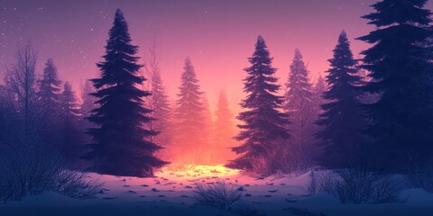 Winter Sunset In A Snowy Coniferous Forest