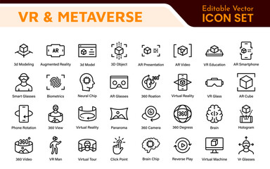 Virtual Reality and Metaverse Icon Set. A cutting-edge collection of icons designed to enhance immersive experiences, perfect for VR apps, gaming platforms, and digital worlds.