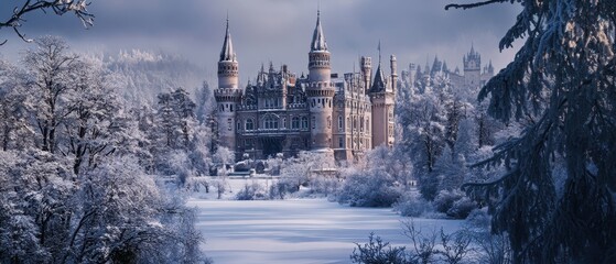 Obraz premium Enchanted winter castle stands majestically in a snowy landscape surrounded by misty mountains and evergreen trees