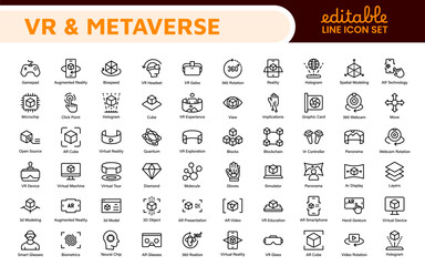 Virtual Reality and Metaverse Icon Set. A cutting-edge collection of icons designed to enhance immersive experiences, perfect for VR apps, gaming platforms, and digital worlds.