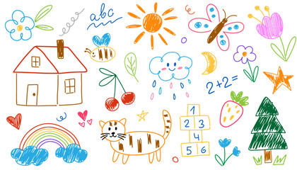 Cute kid scribble set in childish crayon doodle drawings. Hand drawn doodle sketch elements with animals, characters, sun, trees, houses, rainbow, other. Vector illustration isolated