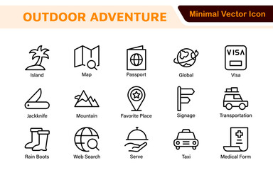 Adventure Icon Set. An exciting collection of icons that captures the spirit of exploration, perfect for travel apps, outdoor websites, and promotional materials for adventure and thrill-seeking.