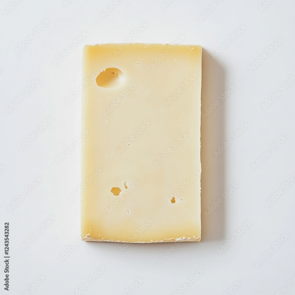 Poster Single slice of smooth Swiss cheese on a plain background ready for culinary use or snacking