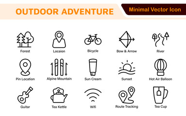Adventure Icon Set. An exciting collection of icons that captures the spirit of exploration, perfect for travel apps, outdoor websites, and promotional materials for adventure and thrill-seeking.