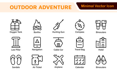 Adventure Icon Set. An exciting collection of icons that captures the spirit of exploration, perfect for travel apps, outdoor websites, and promotional materials for adventure and thrill-seeking.