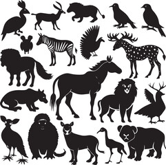 Black and White Silhouettes of Various Wild Animals