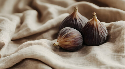 A few whole dried figs placed artfully on a soft beige linen cloth, their rich, dark color contrasting with the neutral tones of the cloth.