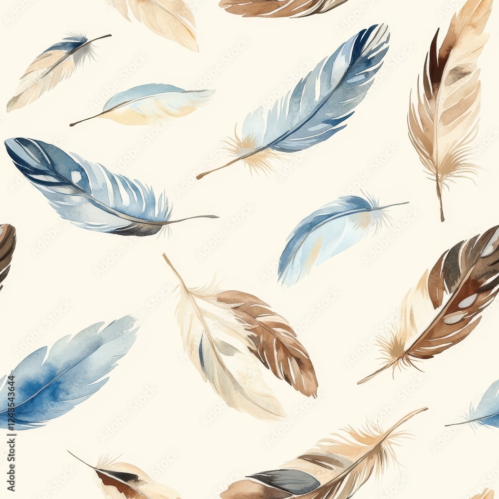 Poster serene watercolor doodle of colorful feathers scattered on a soft background