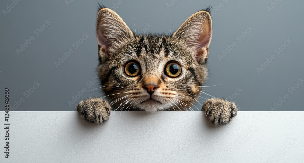 Poster Cute tabby kitten looking curiously over a white surface with big expressive eyes against a simple gray background in a studio setting